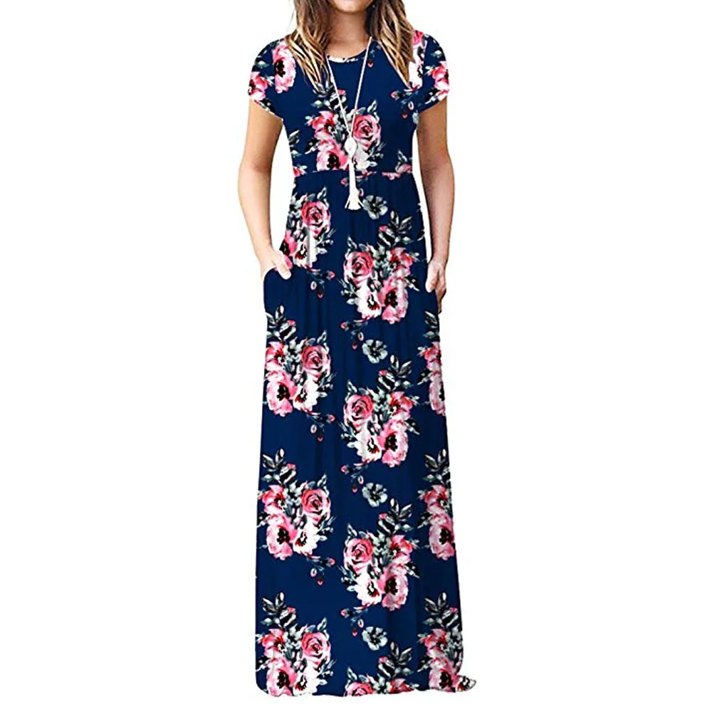 Женское платье с коротким рукавом и принтом Boho повседневное длинное винтажное
