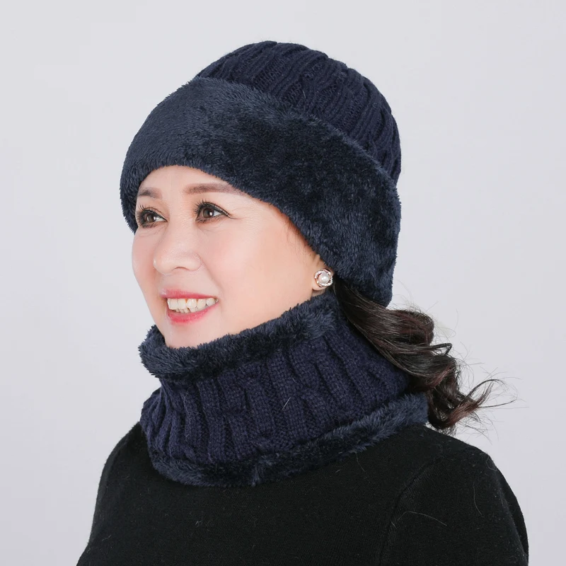 navy blue Простая, лыжная шапка, шарф, теплая зимняя шапка для женщин и мужчин, вязаная шапка, теплая шапка для мамы, папы, шапка Skullies Beanies - Цвет: navy blue
