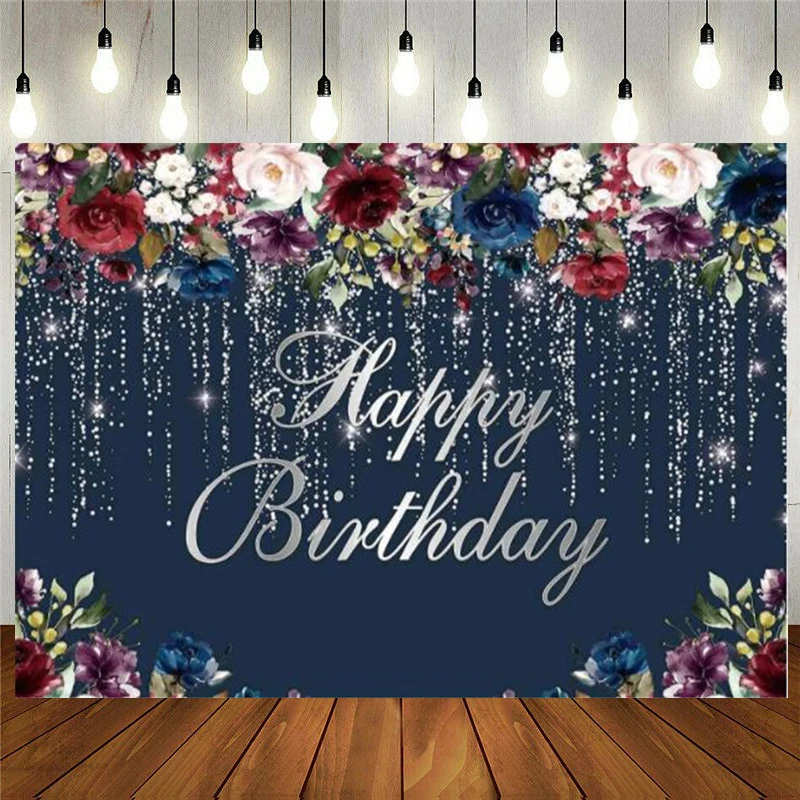 

Navy Blue Flowers Happy Birthday Party Background Silver Glitter Floral Photography Backdrop Girl Cake Table Decorations Banner