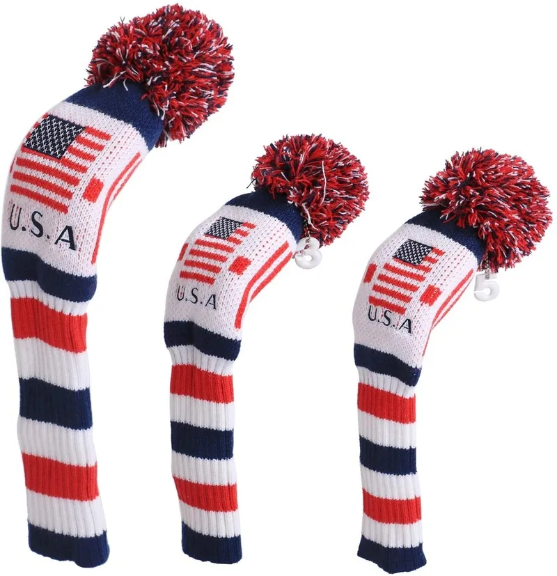 

Golf Club Head Cover Set of 3 Knit Pom Pom Headcovers Numbered 1, 3, 5, Fits Wood Drivers USA Flag