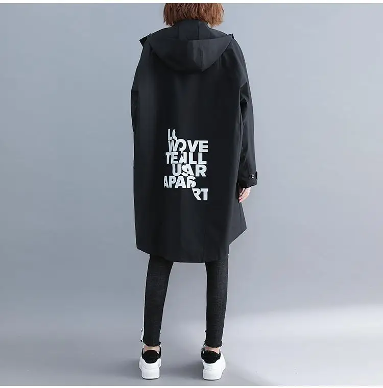 Большие размеры длинный плащ с капюшоном 5XL 6XL модное пальто с буквенным принтом ветровка повседневное пальто оверсайз для женщин одежда