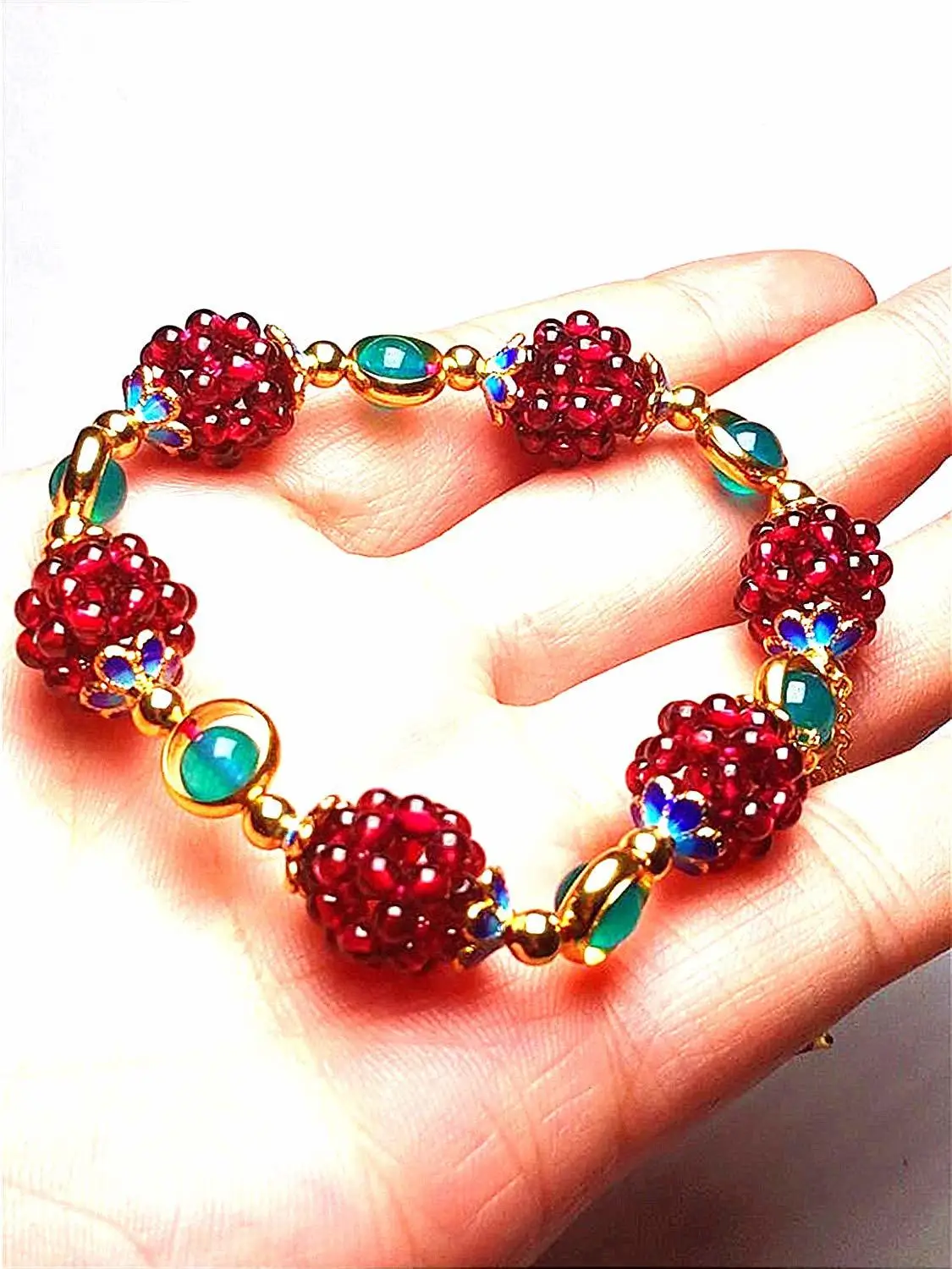 

LETSFUN Vintage Wine Red Garnet Natural Rose Red Garnet Handmade Flower Ball Bracelet Gifts Wholesale