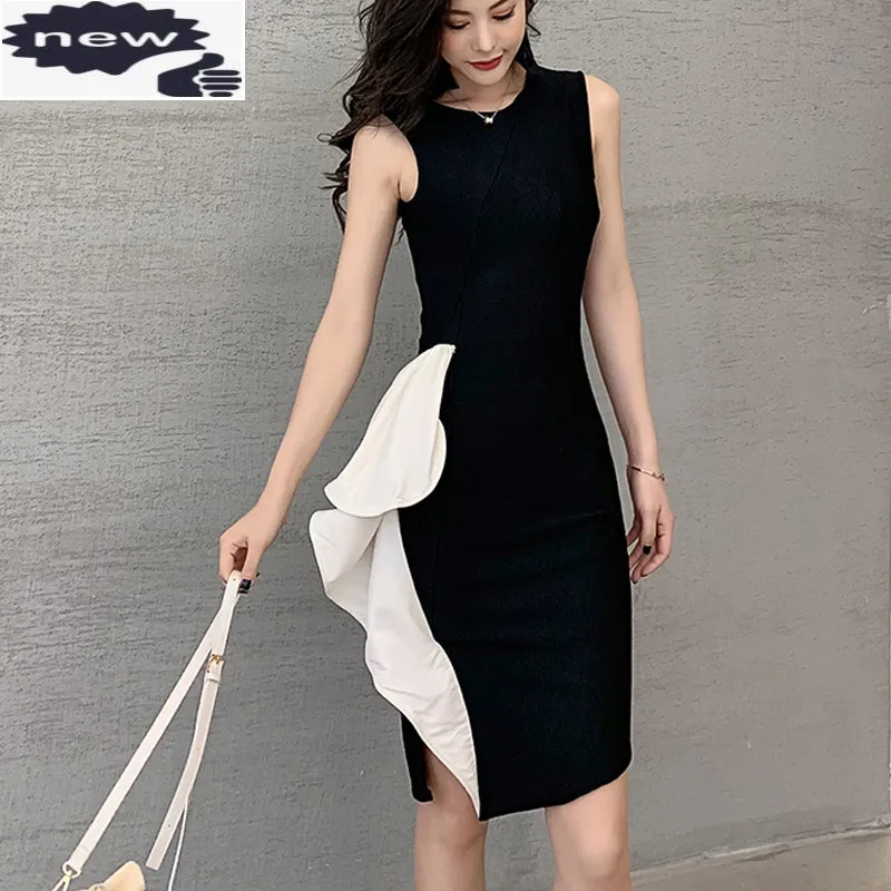 

Стильные Новые дизайнерские Элегантные вечерние женские футболки без рукавов с оборками Сексуальная сращивания Разделение платье тонкий Офисные женские туфли платья