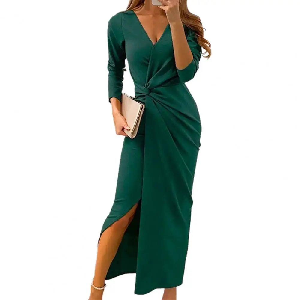 

Women Shirt Dress Elegant Fashion Long Lady Dresses Office Slim Dress High Split Autumn V Neck Knotted Belt High Slit Vestidos