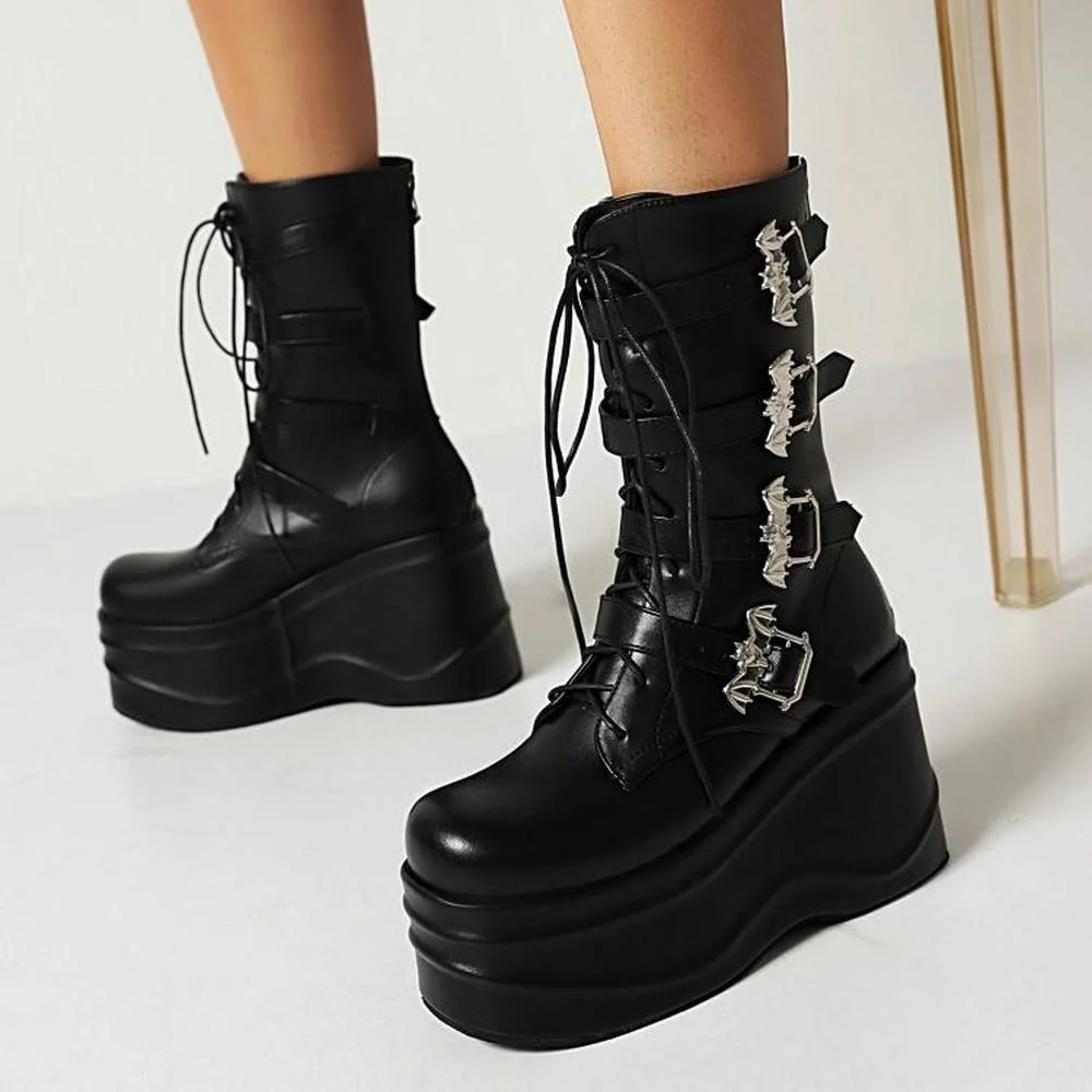 

Женские ботинки до середины икры с ремнем летучая мышь, обувь на танкетке и высоком каблуке, черные пикантные мотоциклетные ботинки в стиле ...