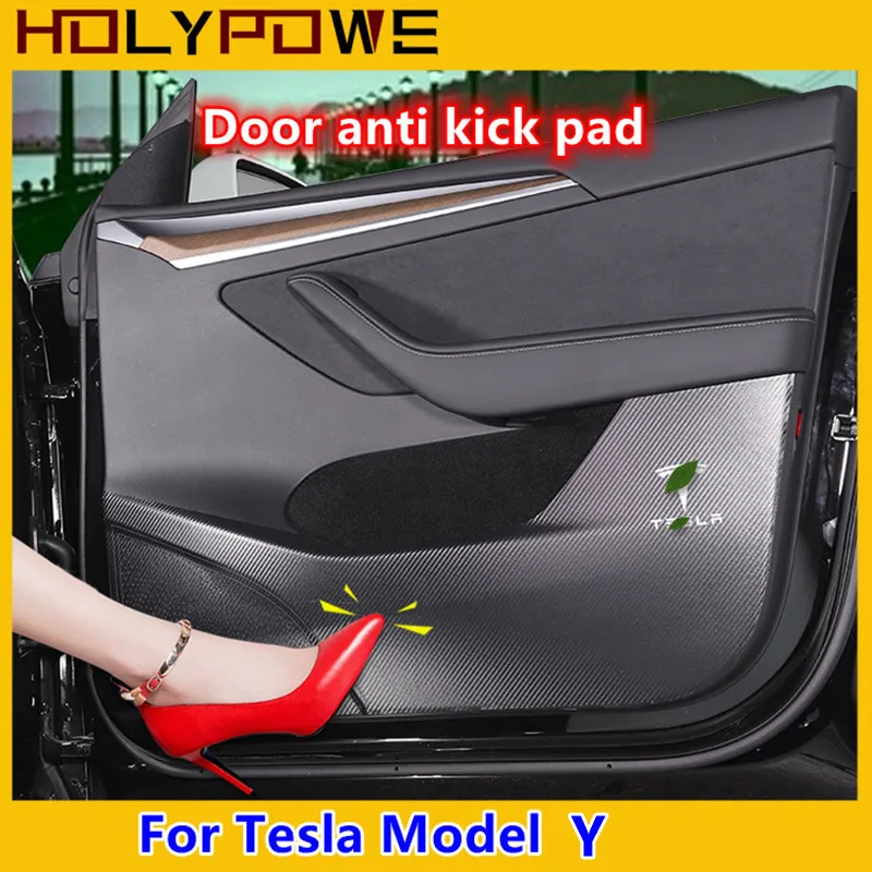 

For Tesla Model Y 2021 Door Anti Kick Pad Scratch Resistant Carbon Fiber Leather Dirt Protector Sticker Car Inner Accessories