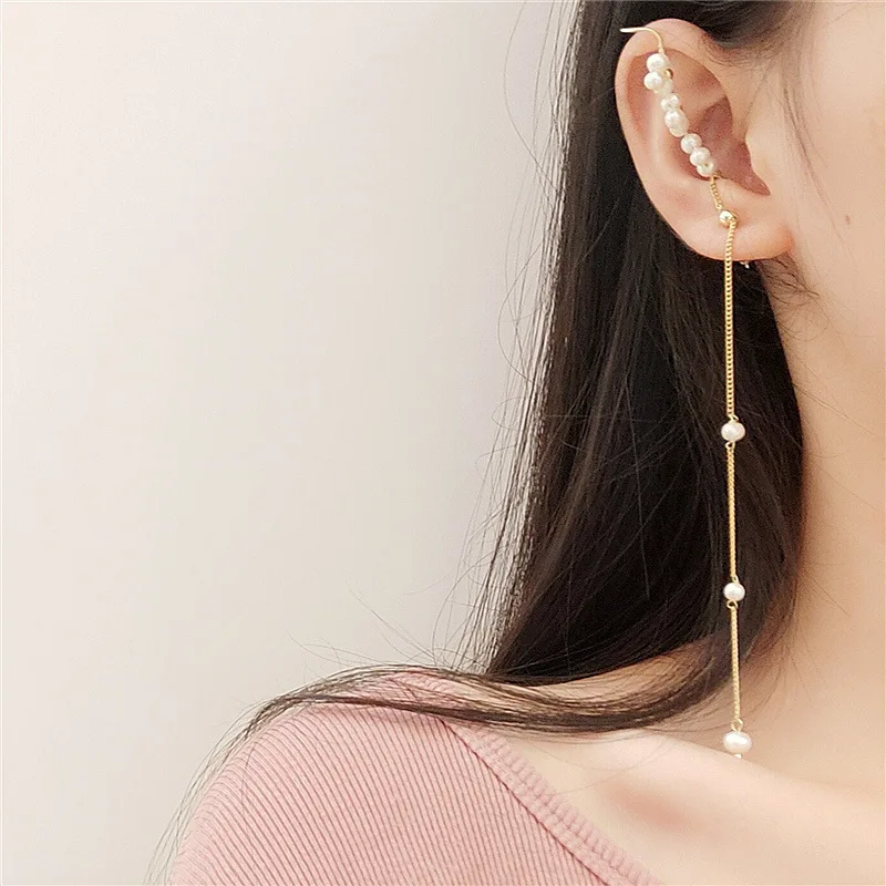 

2021 New Fashion Imitation Pearl Chain Ear Cuff Cartilage Earrings For Women Elegant Flower Long Tassel Ear Clip Female Jewelry