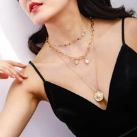2021 new trend fashion retro gold pendant necklaces circle pendant multilayer gold necklace party jewelry accessories for women