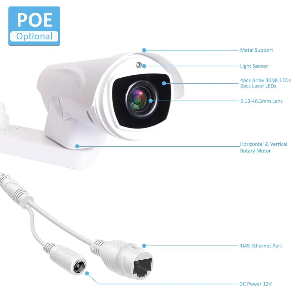 Smart 1080P HD 5MP 2.0MP POE PTZ Bullet IP камера Pan Tilt 10X 4X оптический зум ИК водонепроницаемый 2MP CCTV камера видеонаблюдения