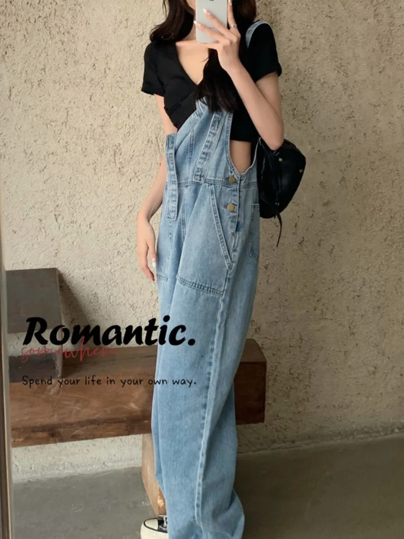 

Strap Jeans Women's Loose High Waist Straight Trousers 2021 Summer New Thin Section Wide-leg One-piece Pants Black T-shirt