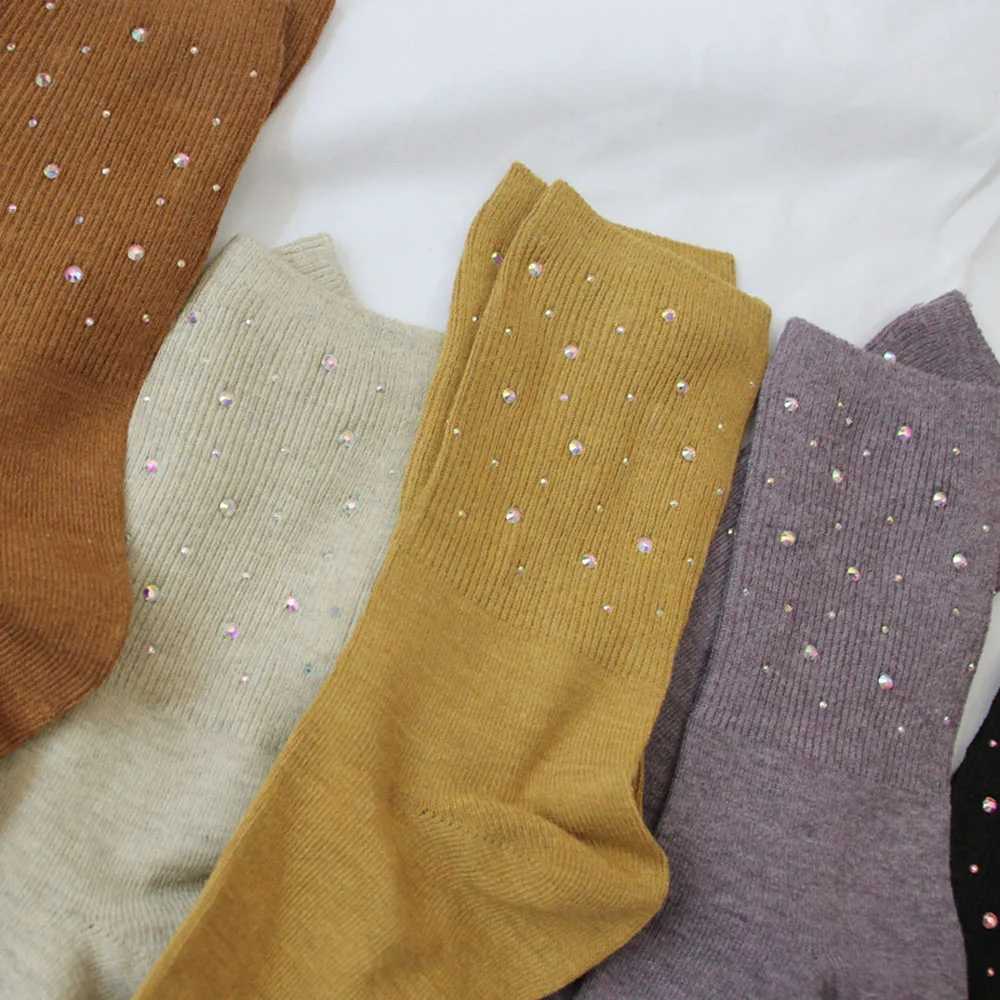 

Fashion Korean Women Girls Cotton Crystal Glitter Elastic Middle Tube Colorful Socks Casual Autumn Winter Hosiery