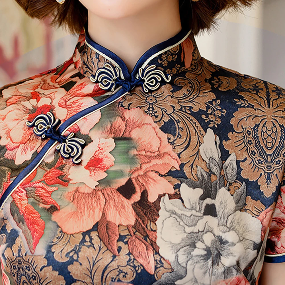 

Women Short Sleeve Floral Print Slit Hem Brocade Chinese Cheongsam Midi Dress