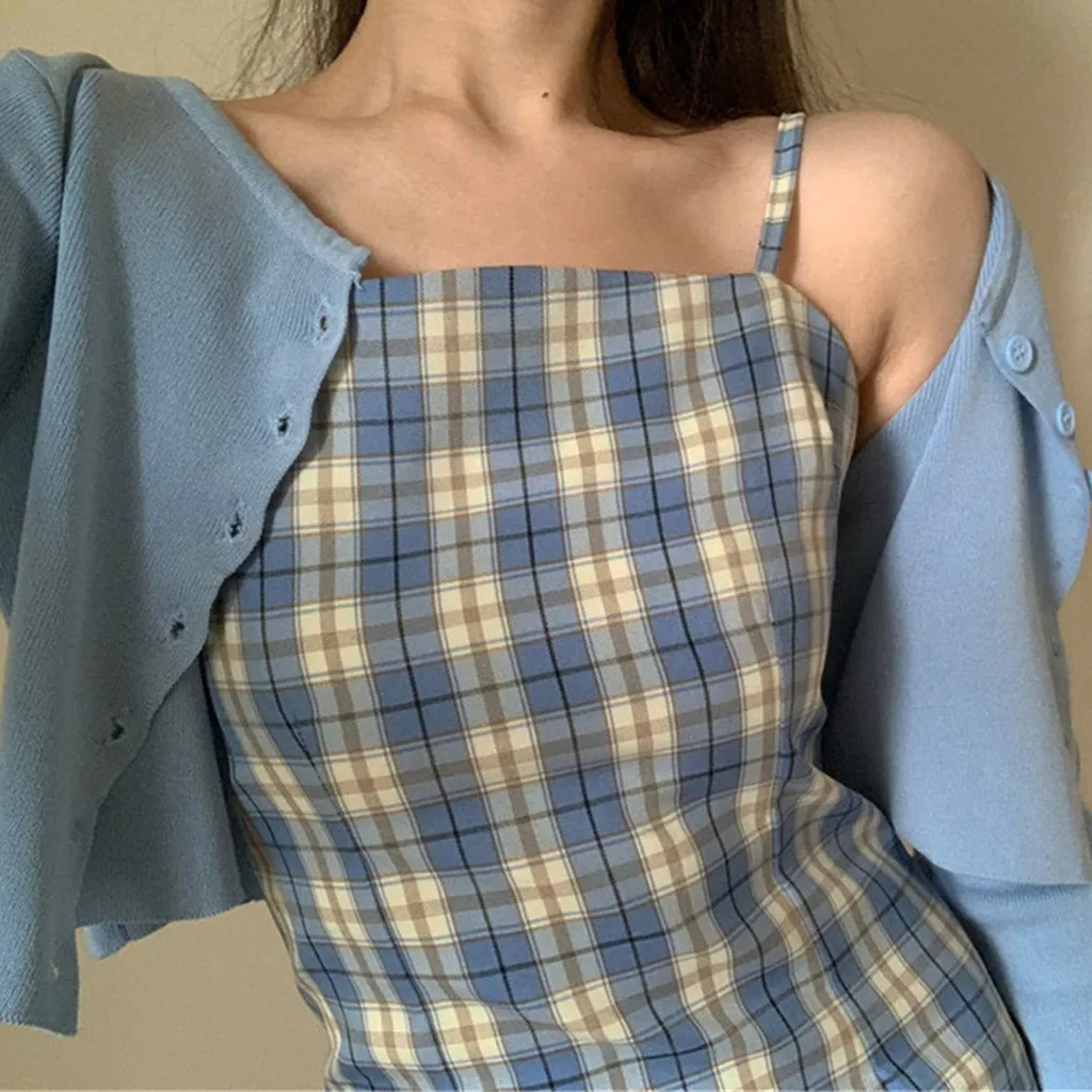 

Summer Flavor Chic Lattice Print Slim Women Sexy Dress Sleeveless Strap Dress Fashion Slash Neck A Line Mini Dresses