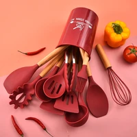 silicone kitchenware set wooden handle with storage bucket non stick cooking spatula kitchen utensils cooking tools baking set