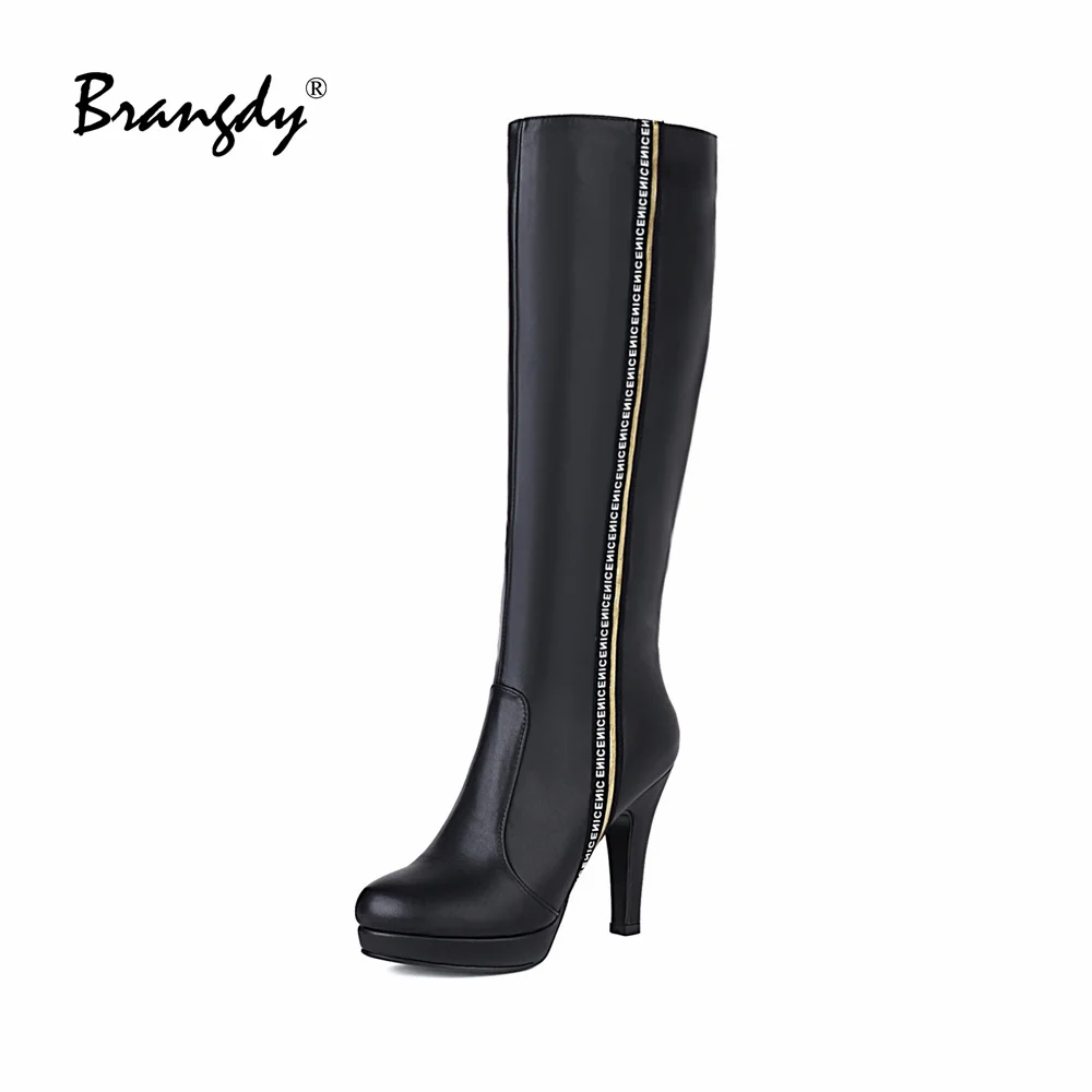 

Fanyuan Retro Women Knee Hight Boots PU Leather Sewing Women Shoes Round Toe Zipper Women Thin Heel Pumps Platform Winter Boots