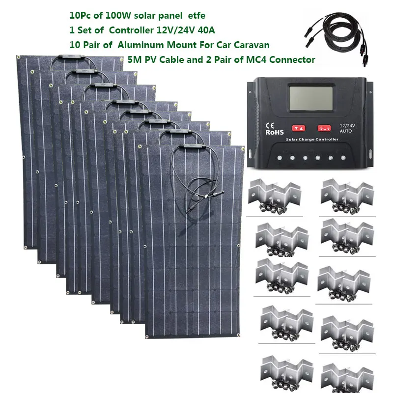 

Flexible Etfe Solar Panel Kit 1000W With Mount Solar Charge Controller 40A Solar Battery Caravan Camping Boat Motorhoms Rv Car
