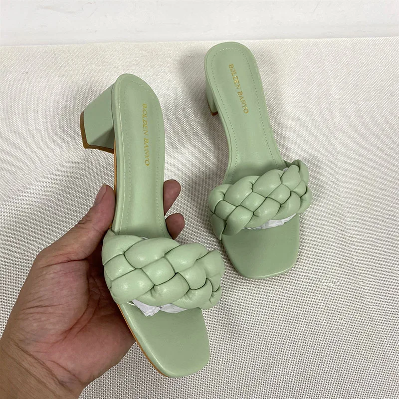 

Square Low Heel Woman Sandals 2021 Summer Shoes Weave Open Toe Fashion Sandals Women Heels Leather Casual Outside Baech AD200