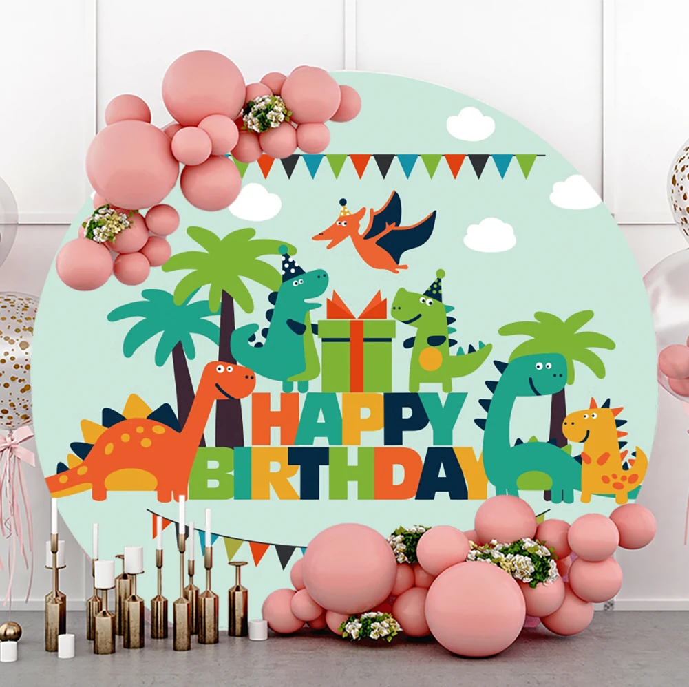 

Cartoon Dinosaur Jungle Party Newborn Baby Shower Photo Background Kids Birthday Family Party Round Backdrops Polyester Decor