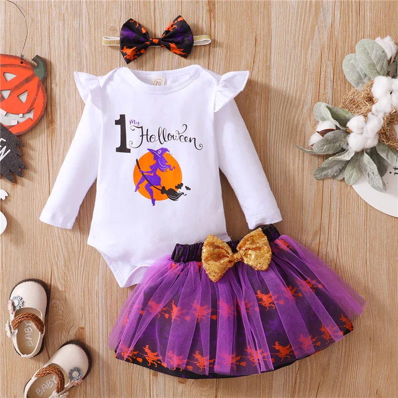 

3Pcs 0-18Month Baby Girls My First Halloween Casual Fashion Clothes Set,Long Sleeve Letter Print Romper+Tulle Skirt+Headband Set