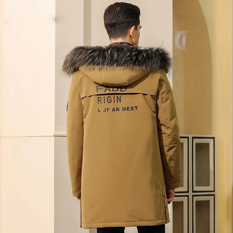 Мужской зимний пуховик с капюшоном средней длины на белом утином пуху | Мужская