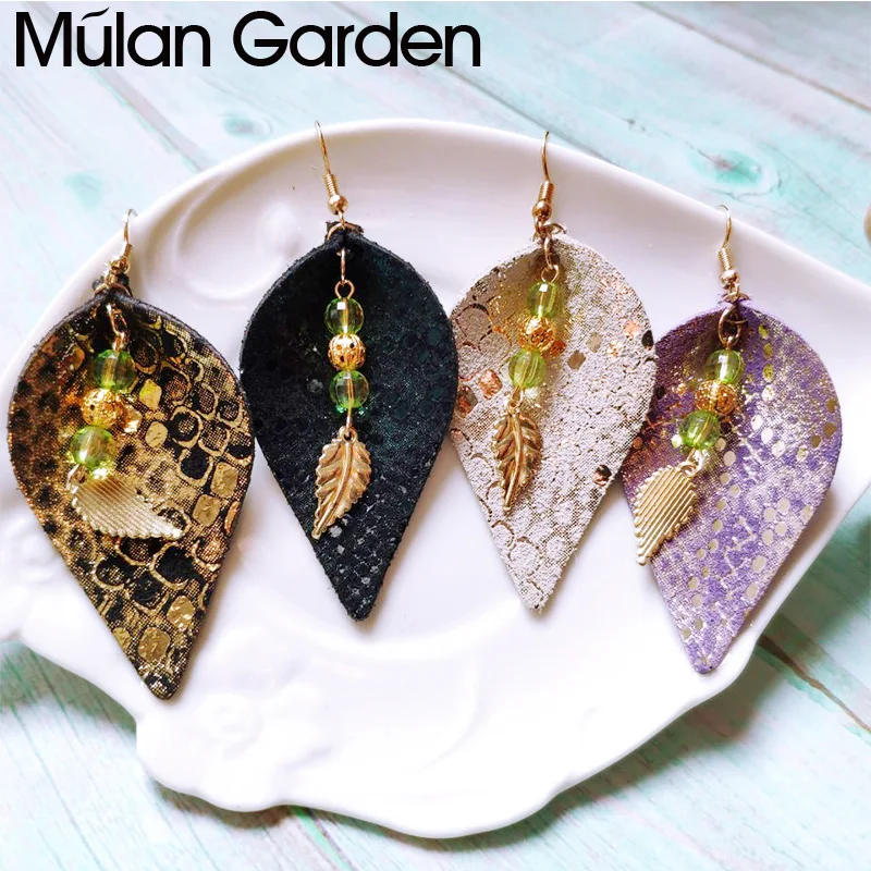 

M&G Glitter Cowhide Leather Earrings for Women Creative Gold Color Leaf Pendant Dangle Earrings Fashion Jewelry Gift