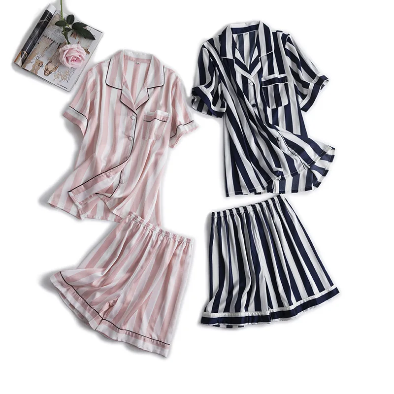 

Summer New Women'S Striped Pajama Suit Mimics Silk Night Dress Bathrobe Lounge Negligee Pajamas Casual Sleep Set 2PCS