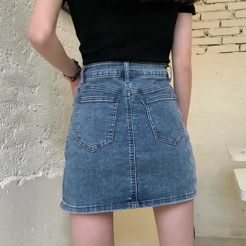 

Skirts Women Denim Side-slit A-line Wrap Hip High Waist Washed Womens Trendy Stitching Summer Skinny Leisure Simple Korean Style