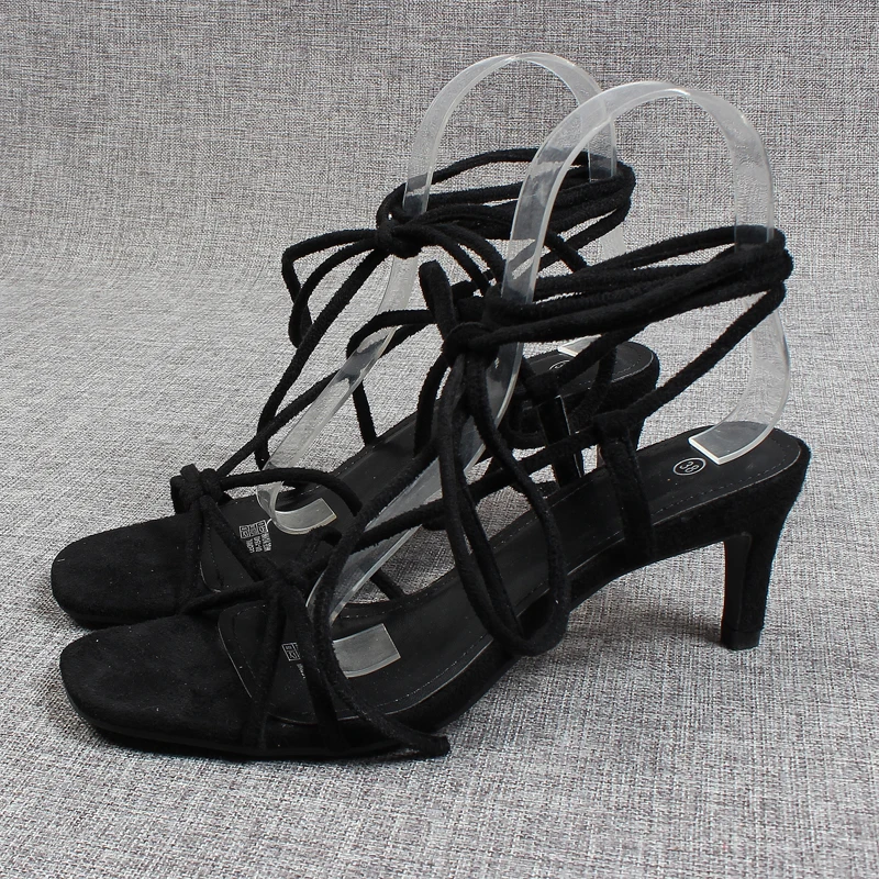 

2021 Sandals Velvet Shoes Open Toe Ankle Strap Strappy Heels Suit Female Beige Large Size Cross-Shoes New Suede Comfort Fashion