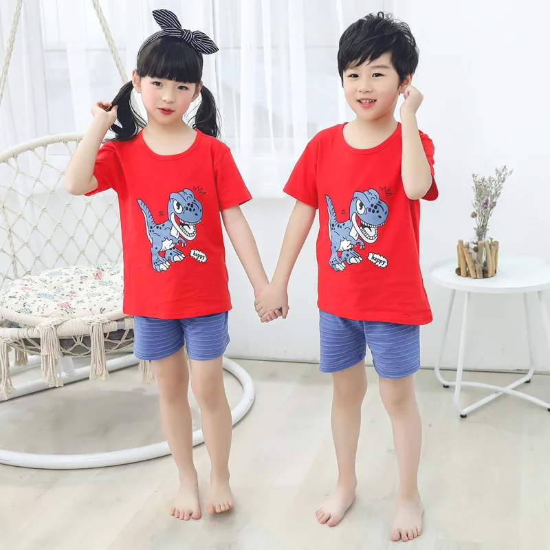

OHMETOY Summer Children's Regular Cotton Short-sleeved Shorts Suit Boys and Girls Two-piece Cartoon Clothes Unisex O-Neck Suit