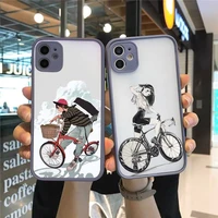 cartoon cycling girl phone case for iphone 13 12 11 mini pro xr xs max 7 8 plus x matte transparent gray back cover