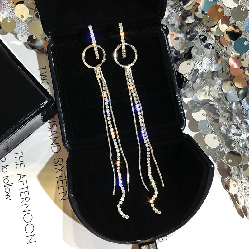 Женские серьги с синими и белыми кристаллами роскошные длинными кисточками 4