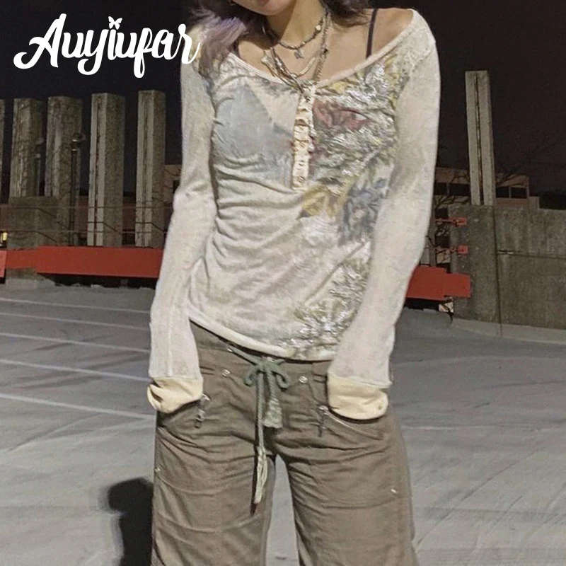 

Auyiufar Fairy Grunge Floral Print Button Casual Tees Vintage Streetwear Sexy Y2k Goblincore Top Long Sleeve Spring Women Tshirt