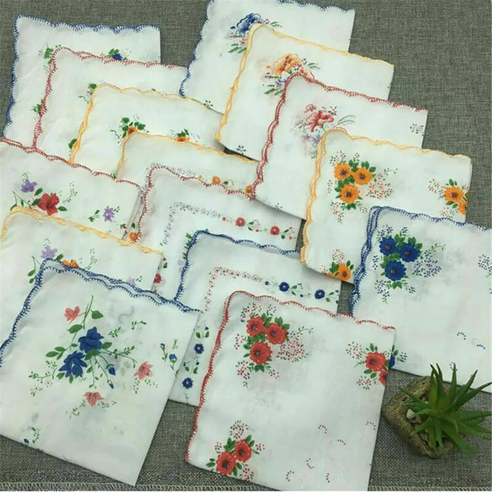 

12x Women Girls Vintage Floral Handkerchief Cotton Hanky 28x28cm with Wavy Edge Cotton Floral Handkerchief Color Random