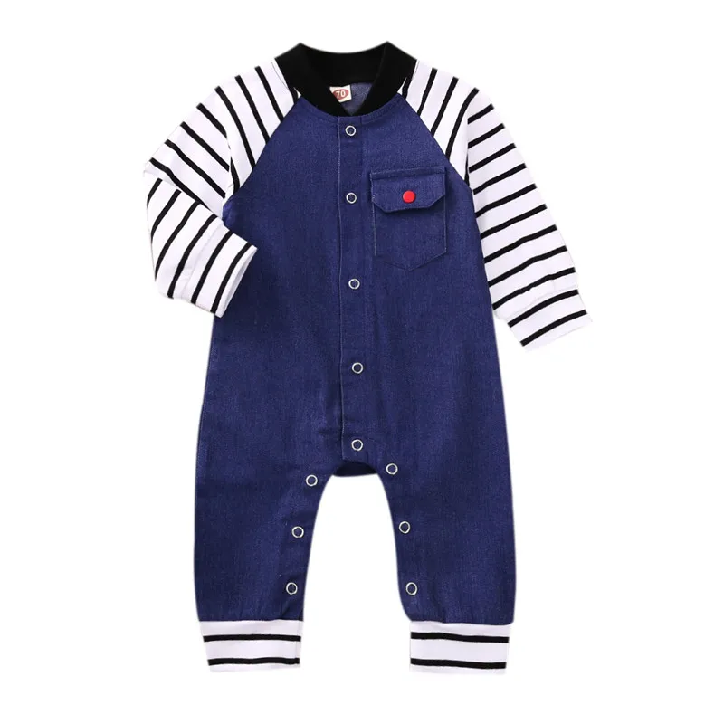 

Infant Baby Boy Blue Stripe Long Sleeve Denim Rompers 0-12M Autumn Round Collar Single Breasted Pocket Jumpsuit One Piece Outfit