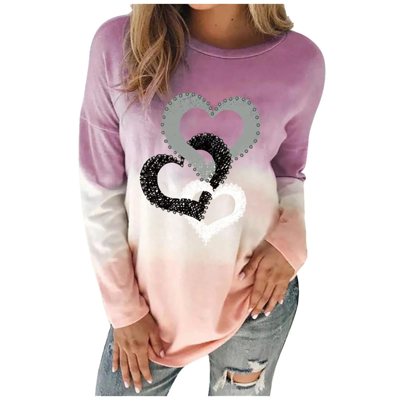 

Oversized Hoodie Women Plus Size O-neck Sweatshirt Heart Print Gradient Pullover Tops Plus Size Long Sleeve Sweatshirt Winter