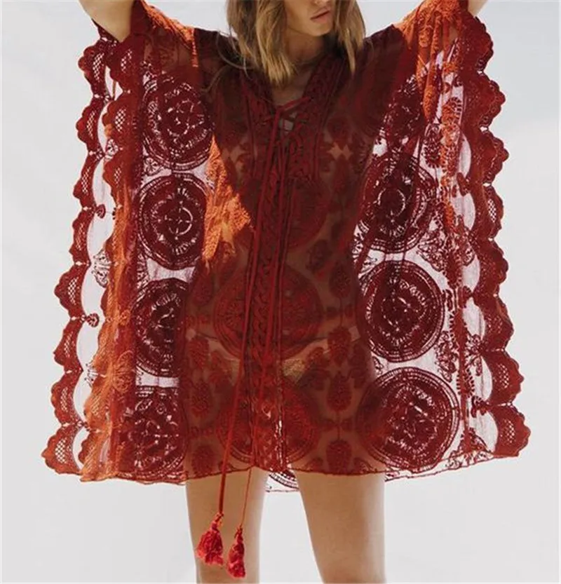 Q878-Red-880 Кафтан пляжное Парео Пляжная одежда купальный костюм накидка Плайя парео-туники для пляжа туника купальная одежда женское кружевное пляжное платье# Q880 - Цвет: Q878-Red-880