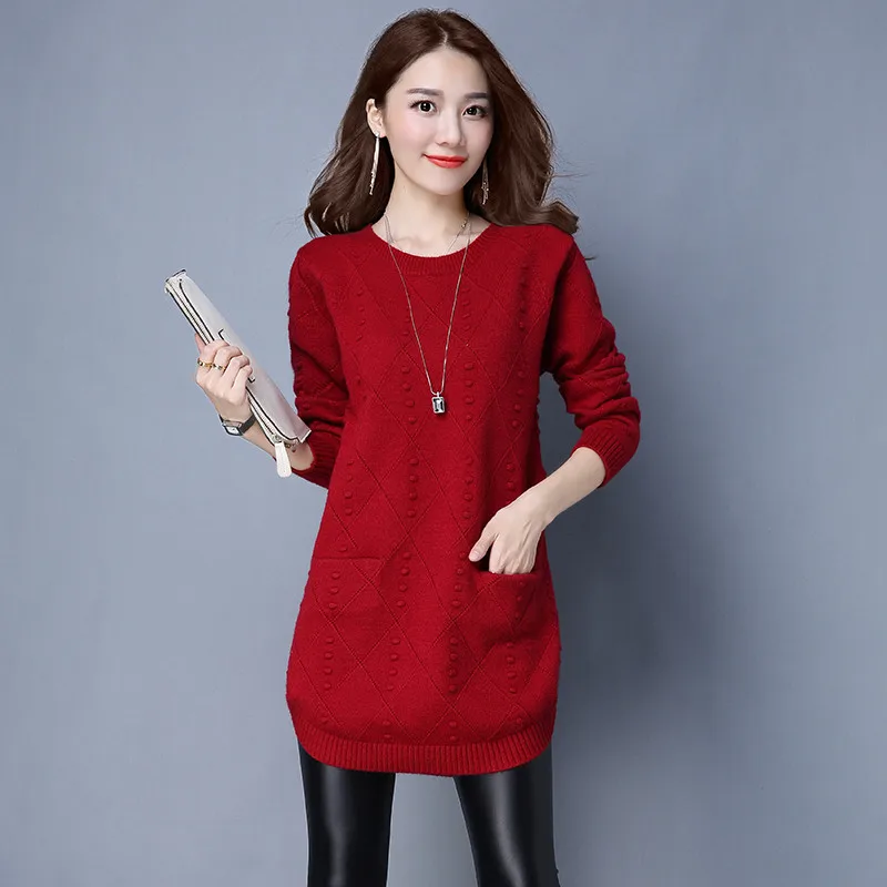 

New Fashion Women Autumn Winter Long Knitted Sweater Pullovers Dress Casual Korean Clothes Long Sleeve Warm Female O-Neck Tops