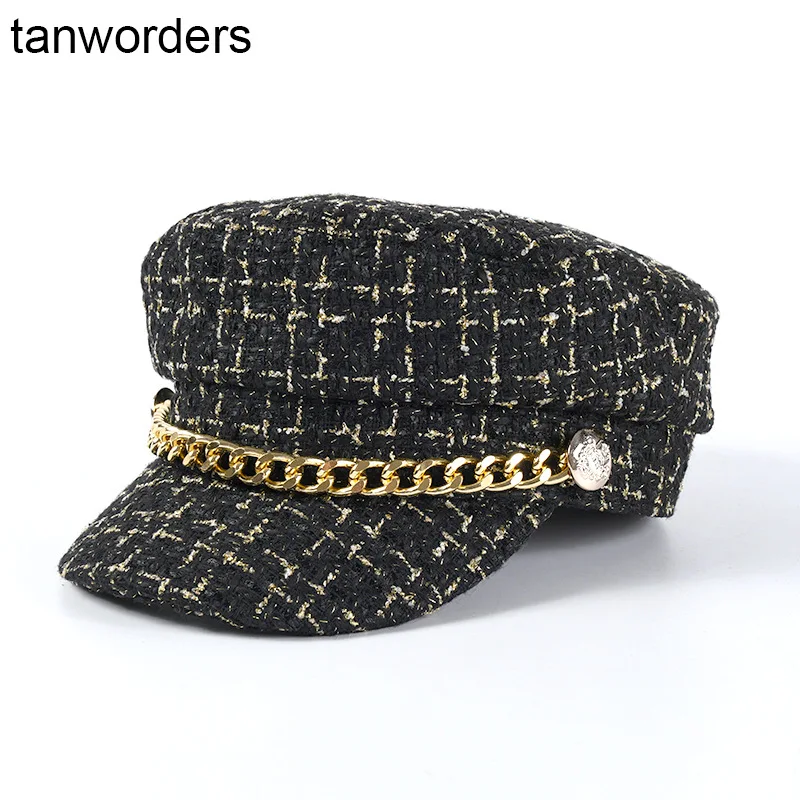 Женская твидовая шапка с небольшим запахом серая военная плоским верхом и