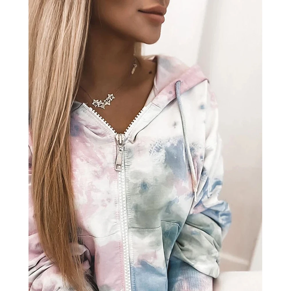 

Women Casual Sweatshirts Tie-dye Hoodie Zipper Fashion Long Sleeve Front Pockets Drawstring Coat Style Coat