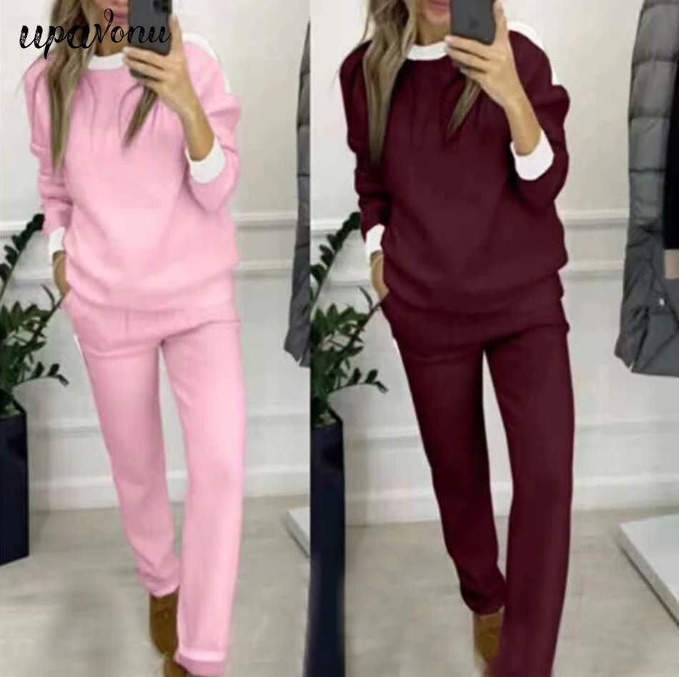 

Free Shipping 2021 Fashion Knitted Sweater Set Ladies O-neck Long Sleeve Pullover & Elastic Waist Trousers Casual Two-Piece Sets