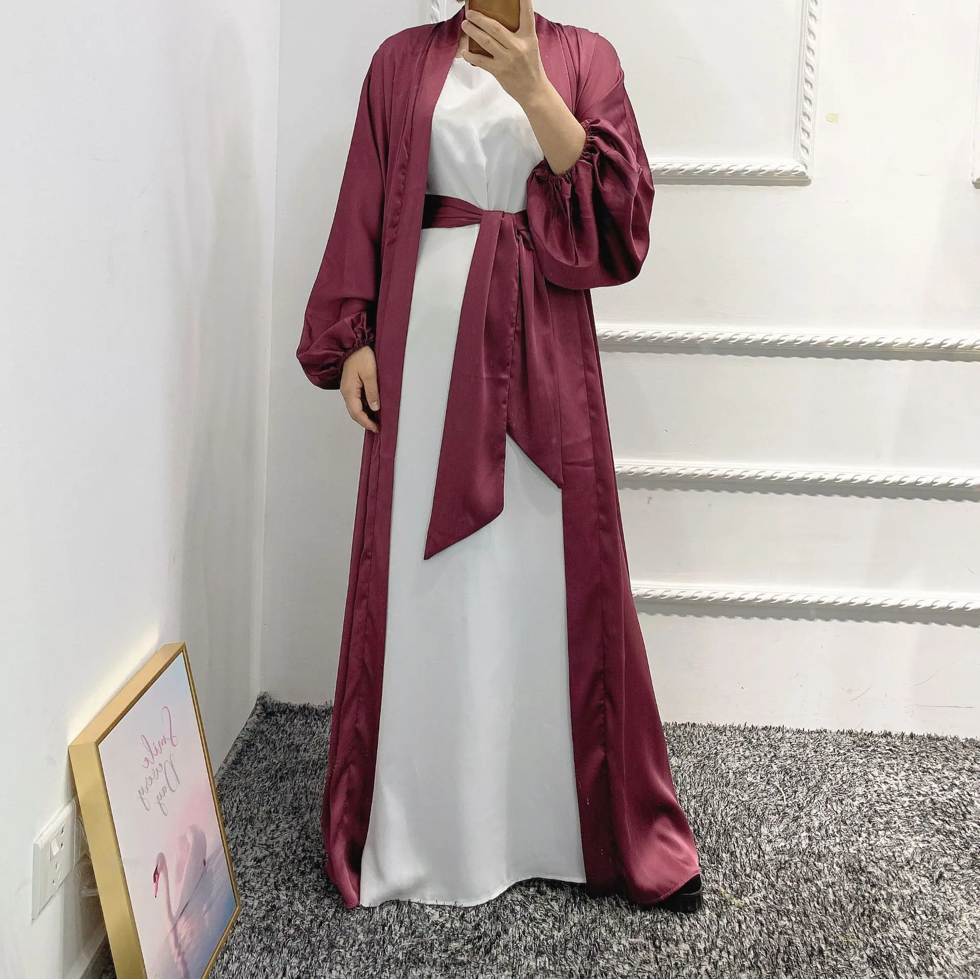 

ИД абайя кимоно атласное Дубай яркий рукав мусульманский хиджаб платье простой марокканский кафтан Турция ислам одежда
