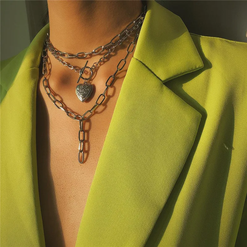 

2021 Hip Hop Multilayer Cuban Love Heart Choker Necklace For Women Punk Party Wedding Statement Steampunk Necklaces Jewelry