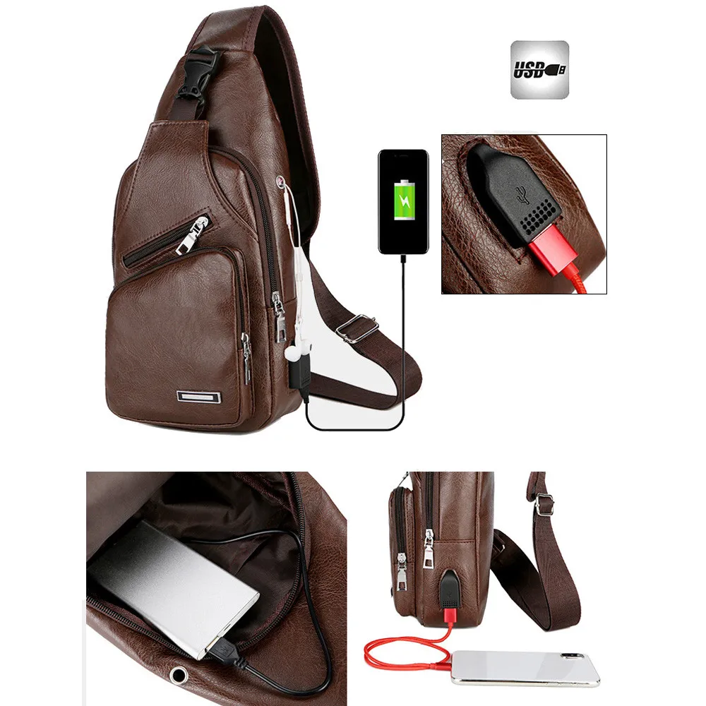 

PU Shoulder bags for men USB Charging Bags Men Anti Theft Chest Bag School Summer Trip belt bag Messengers Bag New