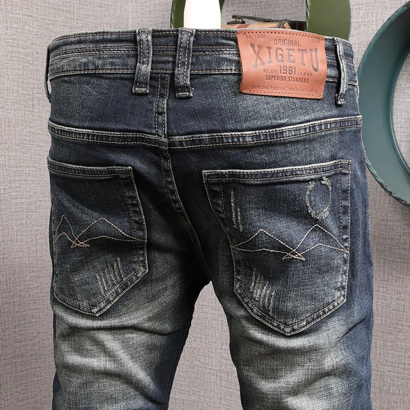 Italian Style Fashion Men Jeans Distressed Wash Retro Blue Elastic Slim Fit Ripped Jeans Men Vintage Designer Cotton Denim Pants