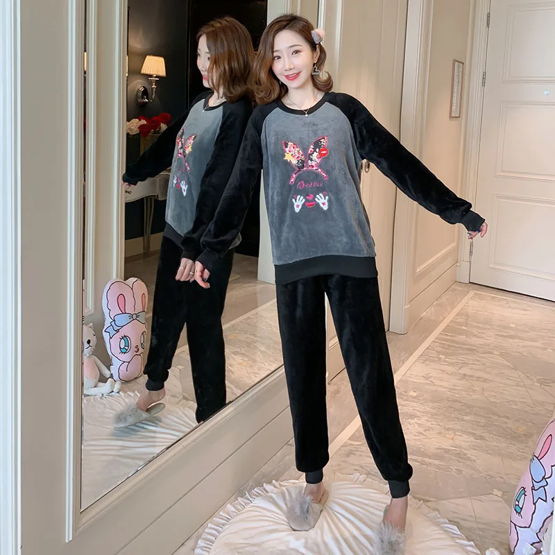 Осенняя Женская пижама черный и серый сшитый маленький новый пижамный комплект с