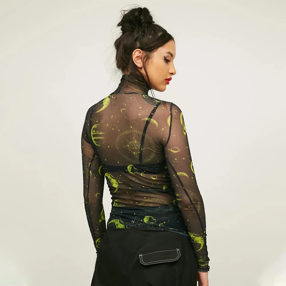 Прозрачные Забавные футболки женщин Тонкая Повседневная Уличная одежда длинным