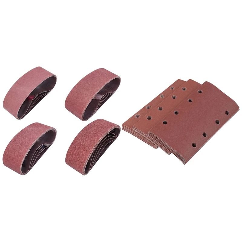 

20 Pcs 3X21 Inch Abrasive Sanding Belts & 30 Pcs Hook And Loop Sand Sheet 95X185mm Punched 8 Holes Grits 80/120/180
