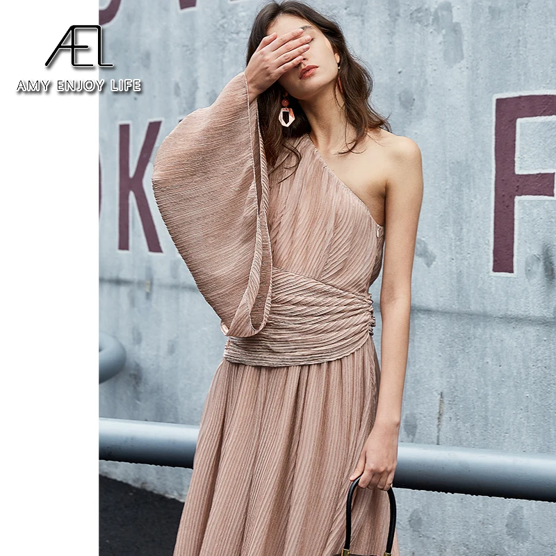 Женское шифоновое платье на одно плечо темно-розовое Плиссированное длинное без