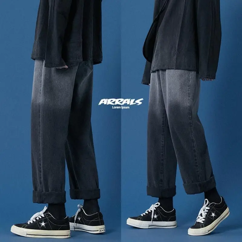 

Gradient jeans for men loose trend wide-leg pants spring autumn new full length brand all-match straight trousers Korean fashion