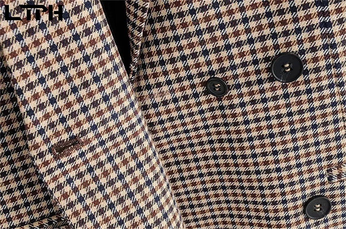 LTPH-Chaqueta a cuadros vintage para mujer, blazer elegante con doble botonadura, chaquetas informales, traje de manga larga, abrigo, primavera 2021